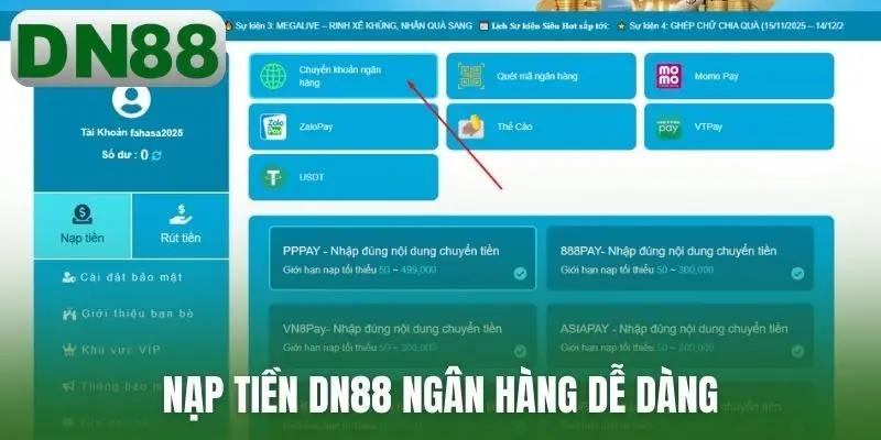 Nạp tiền DN88 ngân hàng dễ dàng